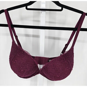 Victorias Secret Womens Sz 36C Plunge Bra Dark Burgundy Red Lace